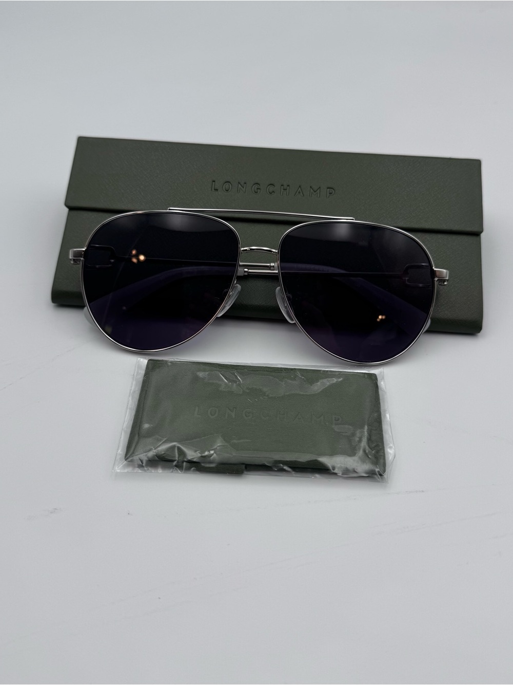 Longchamp‎ Silver Aviator Sunglasses with Dark Lenses NWOT